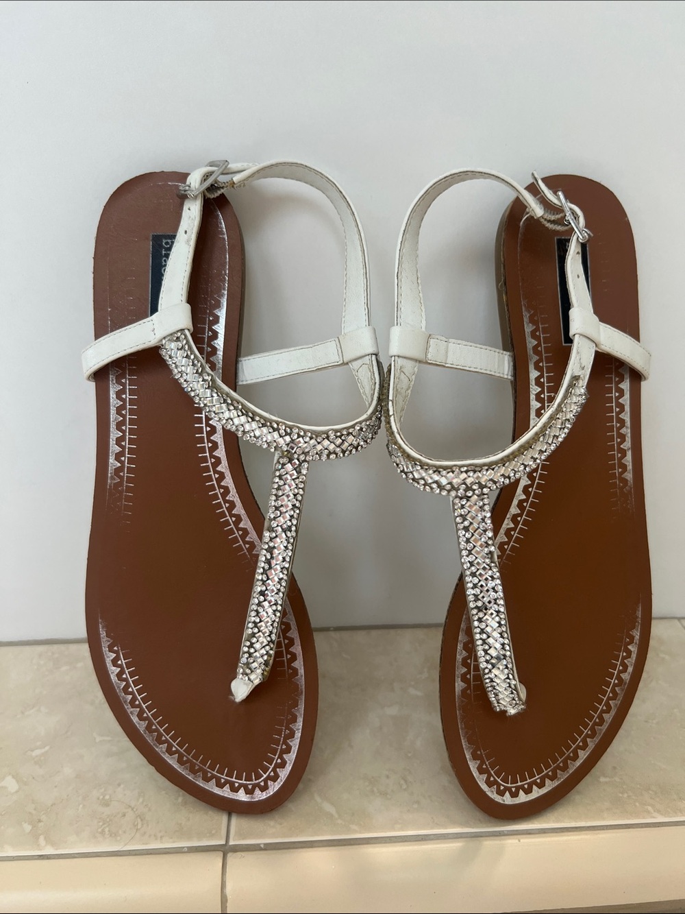 Black Rivet White T-Strap Rhinestone Slingback Sandals